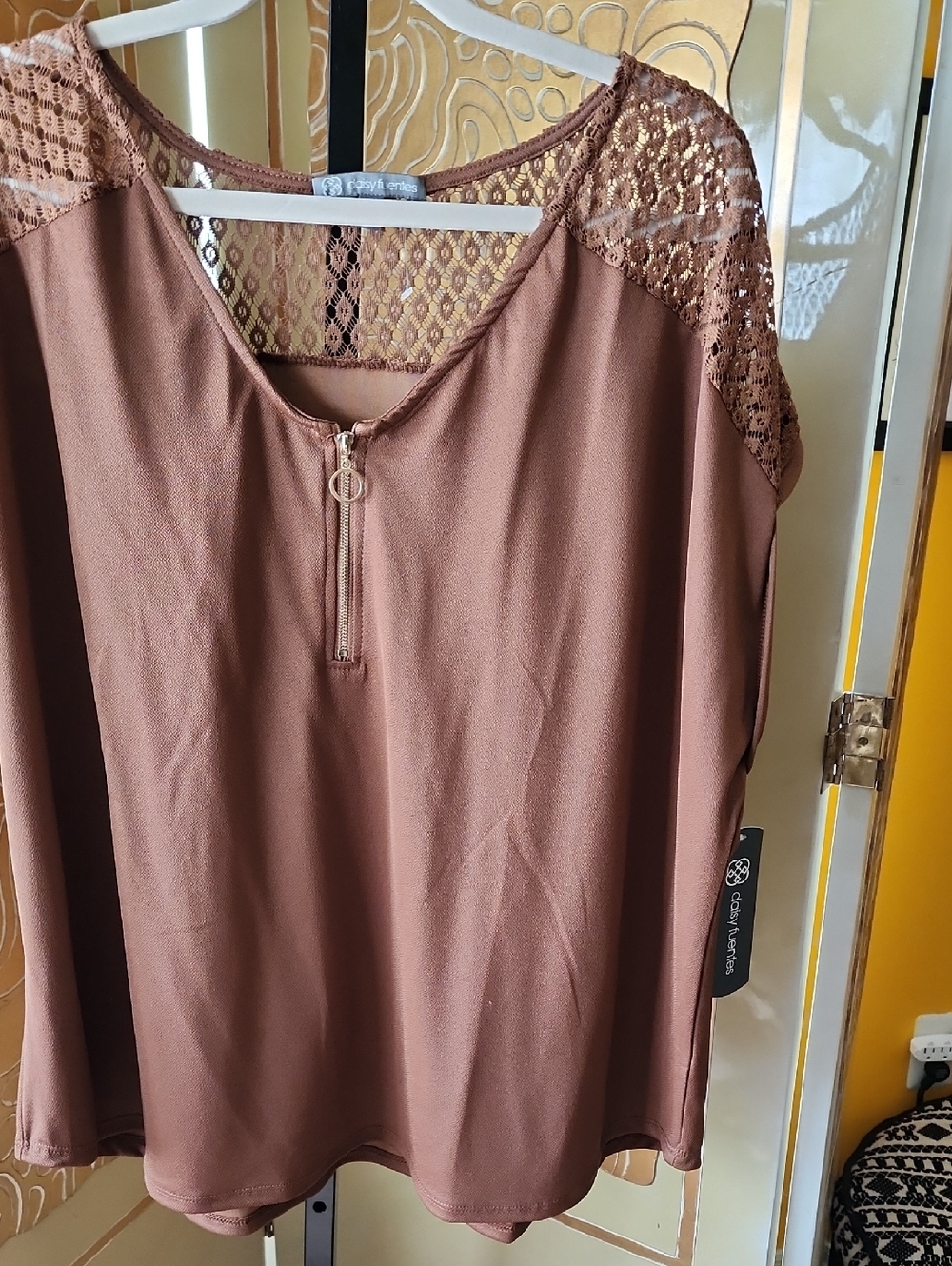 Daisy Fuentes Copper Brown Lace-Detail Blouse